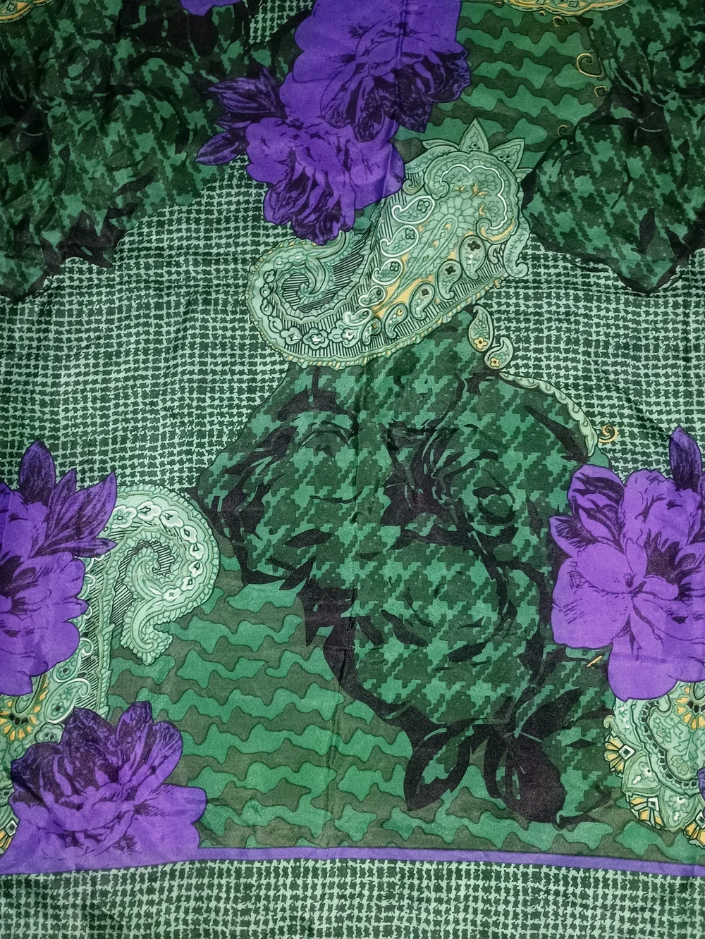 CHRISTIAN DIOR Green & Purple Floral Paisley Square Silk Scarf
